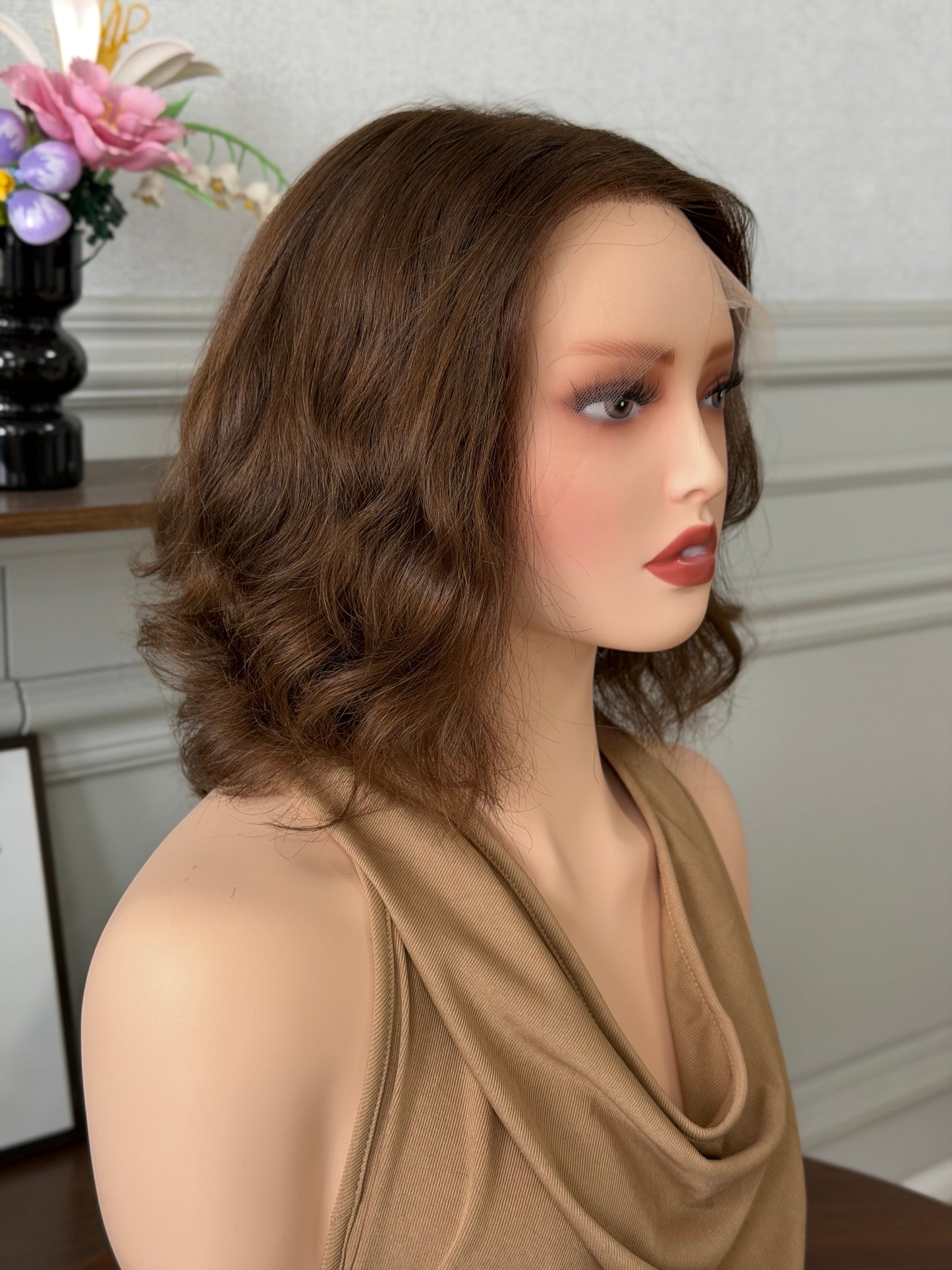 13inch Short Bob Color #8 Natural Wavy Slight Layer Russian Hair Lace Top Wig