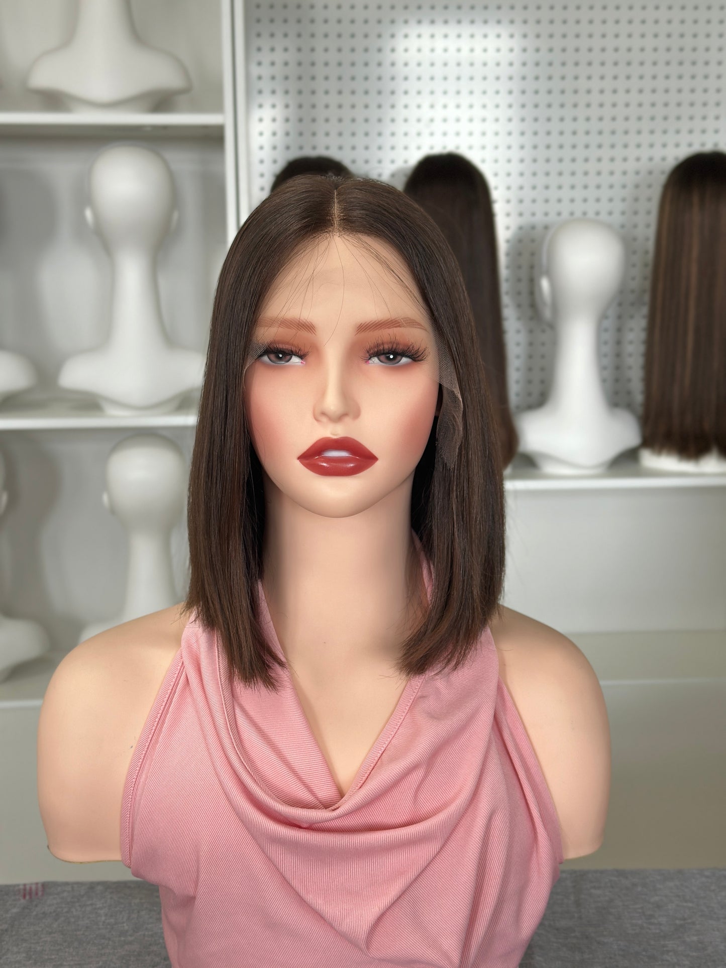 12inch Bob Cut Short Straight No Layer Original Color #6 Russian Hair Lace Top Wig