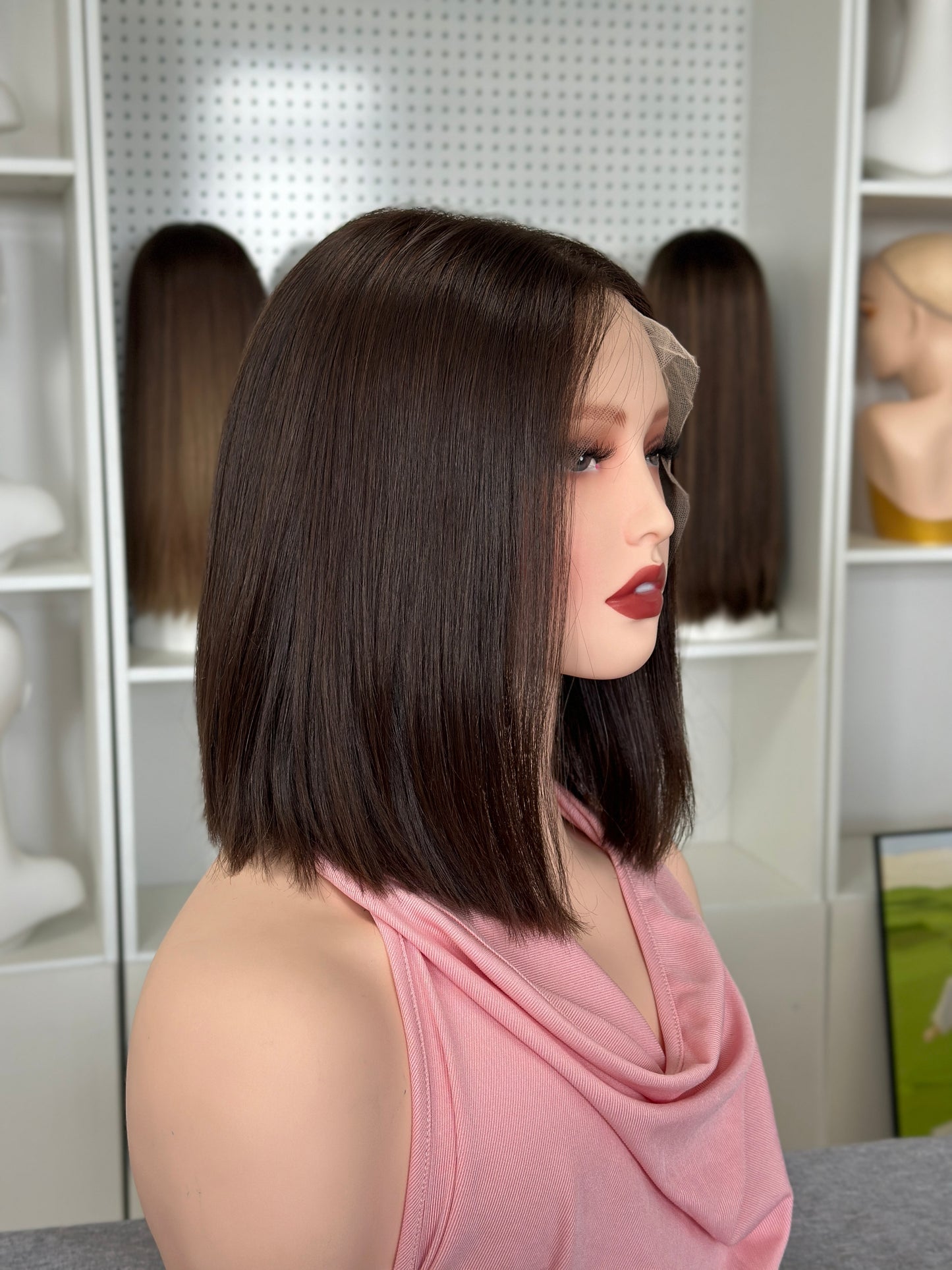 12inch Bob Cut Short Straight No Layer Original Color #6 Russian Hair Lace Top Wig