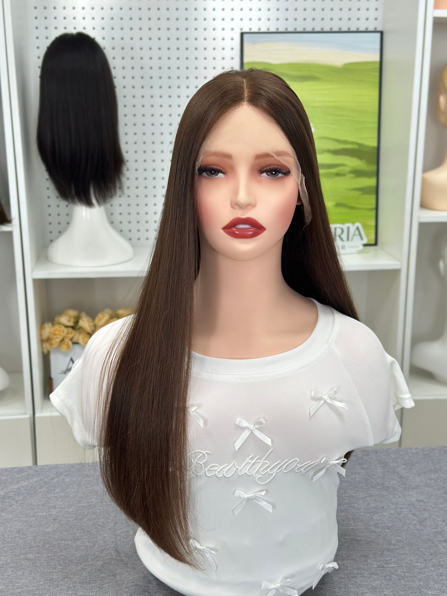 22inch No Layer Straight Original Color #8 Russian Hair Lace Top Wig Sheitel