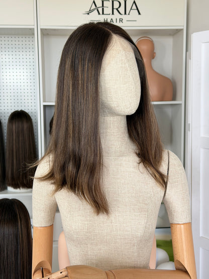 18inch Slight Layer Natural Straight Highlight Color Russian Hair Lace Top Wig Sheitel
