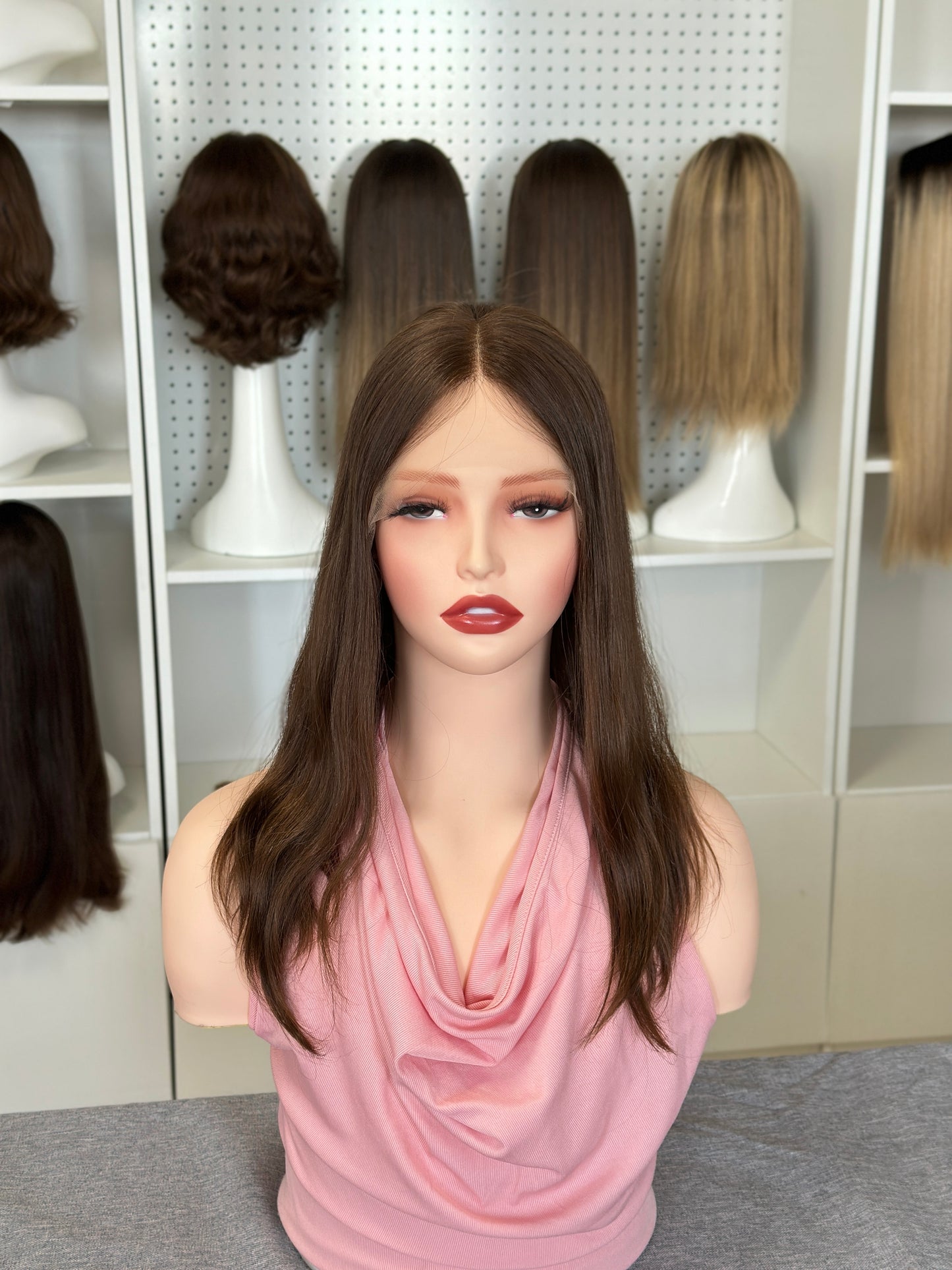 18inch Slight Layer Original Color #8 Natural Straight Russian Hair Lace Top Wig Sheitel