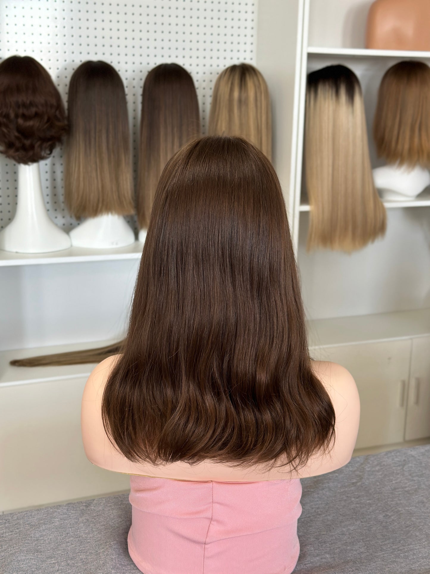 18inch Slight Layer Original Color #8 Natural Straight Russian Hair Lace Top Wig Sheitel