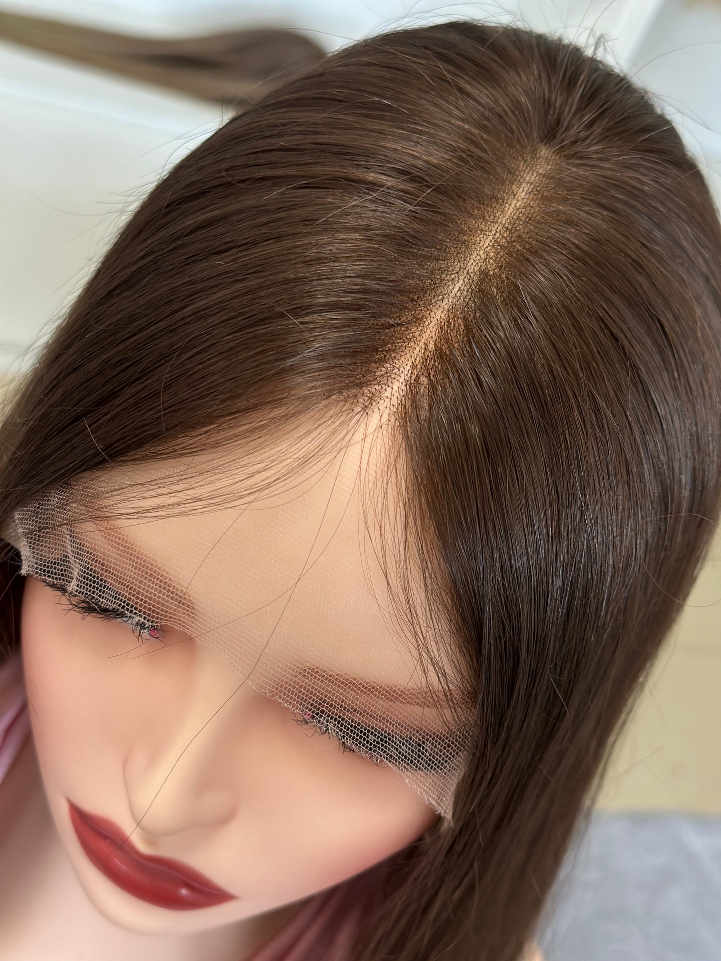 18inch Slight Layer Original Color #8 Natural Straight Russian Hair Lace Top Wig Sheitel
