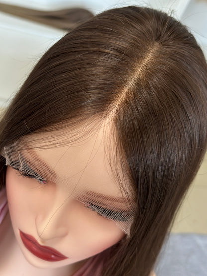 18inch Slight Layer Original Color #8 Natural Straight Russian Hair Lace Top Wig Sheitel