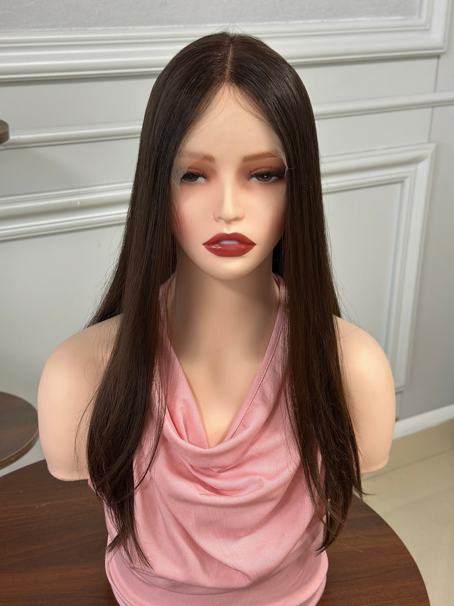20inch Slight Layer Natural Straight Original Color #6 Russian Hair Lace Top Wig Sheitel