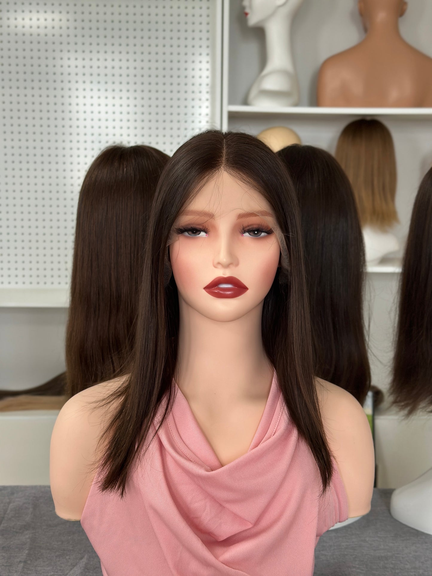 16inch Straight Slight Layer Original Color #6 Russian Hair Lace Top Wig Sheitel