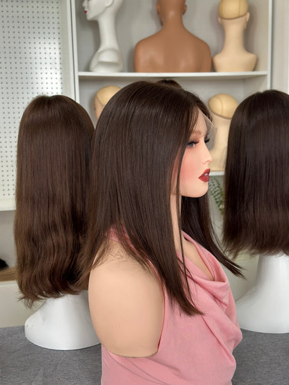 16inch Straight Slight Layer Original Color #6 Russian Hair Lace Top Wig Sheitel