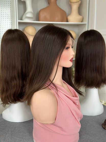 16inch Straight Slight Layer Original Color #6 Russian Hair Lace Top Wig Sheitel