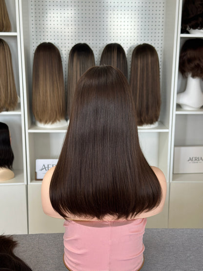18inch Slight Layer Original Color #6 Straight Russian Hair Lace Top Wig Sheitel