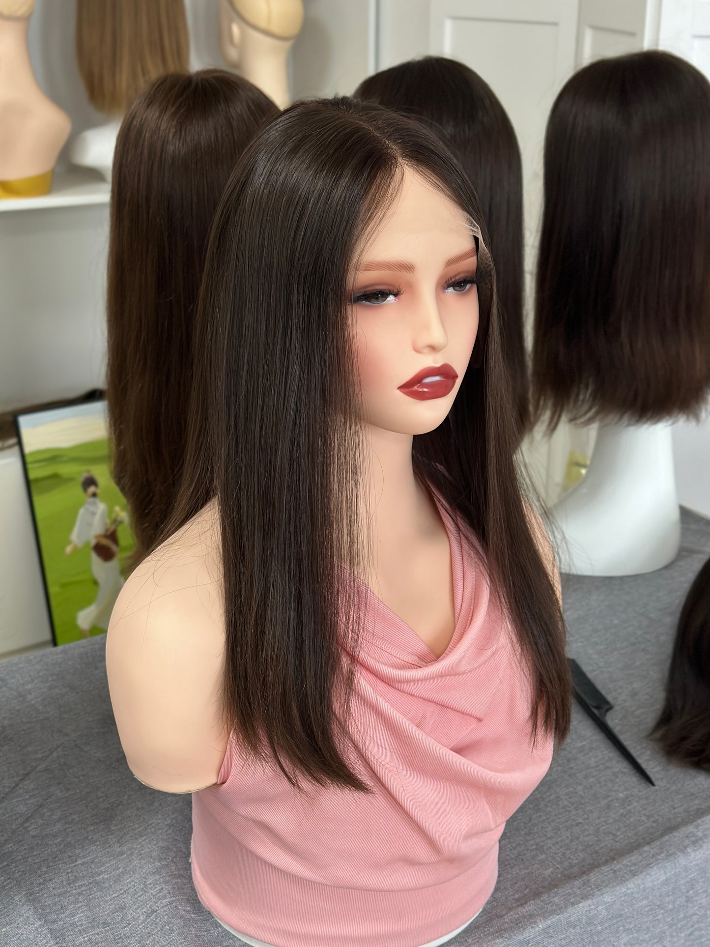 18inch Slight Layer Original Color #6 Straight Russian Hair Lace Top Wig Sheitel