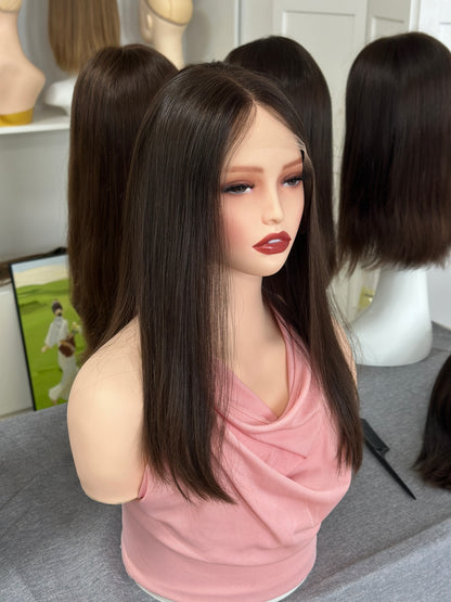 18inch Slight Layer Original Color #6 Straight Russian Hair Lace Top Wig Sheitel
