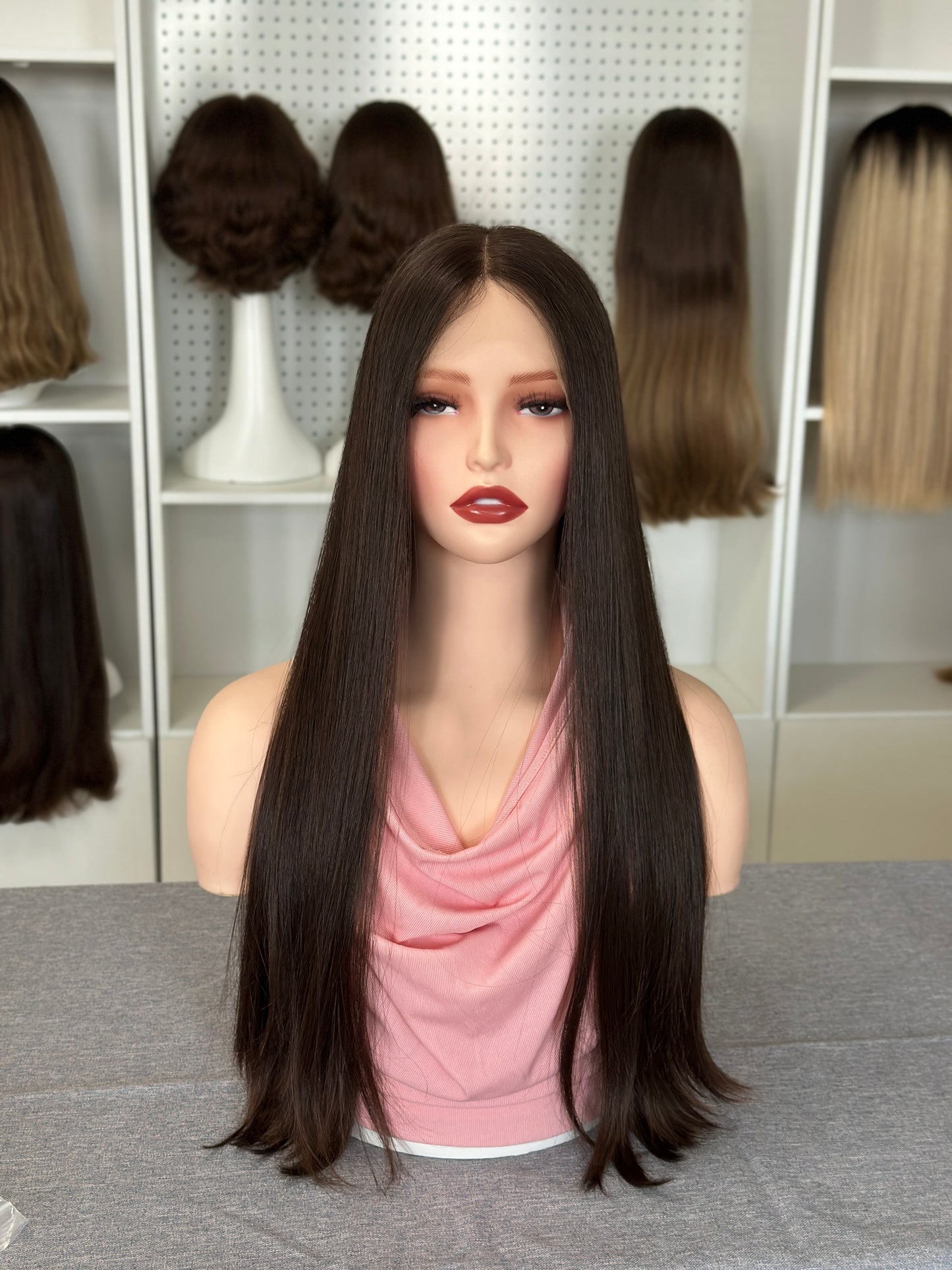 26inch Natural Straight Slight Layer Original Color #6 Russian Hair Lace Top Wig Sheitel