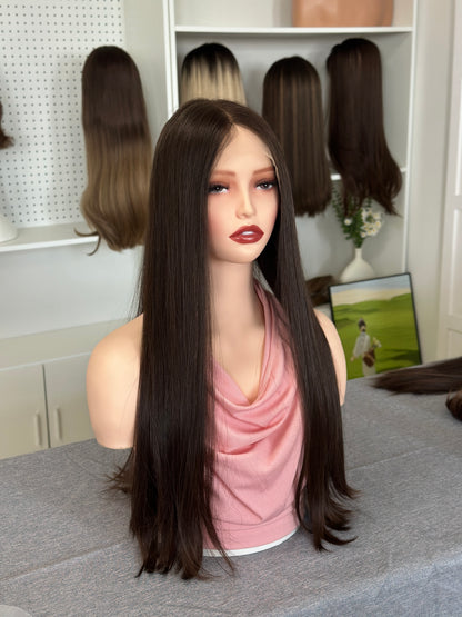 26inch Natural Straight Slight Layer Original Color #6 Russian Hair Lace Top Wig Sheitel