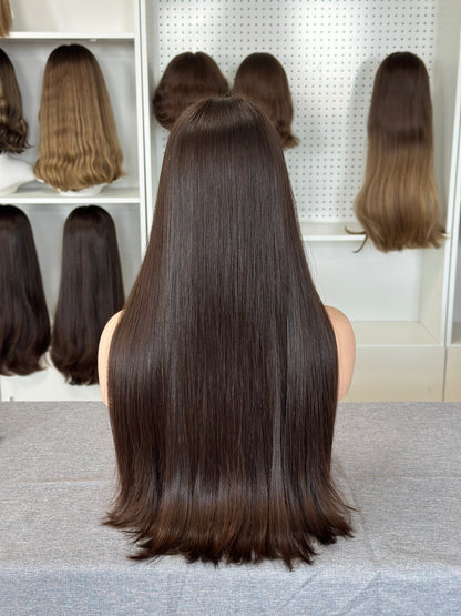 26inch Natural Straight Slight Layer Original Color #6 Russian Hair Lace Top Wig Sheitel