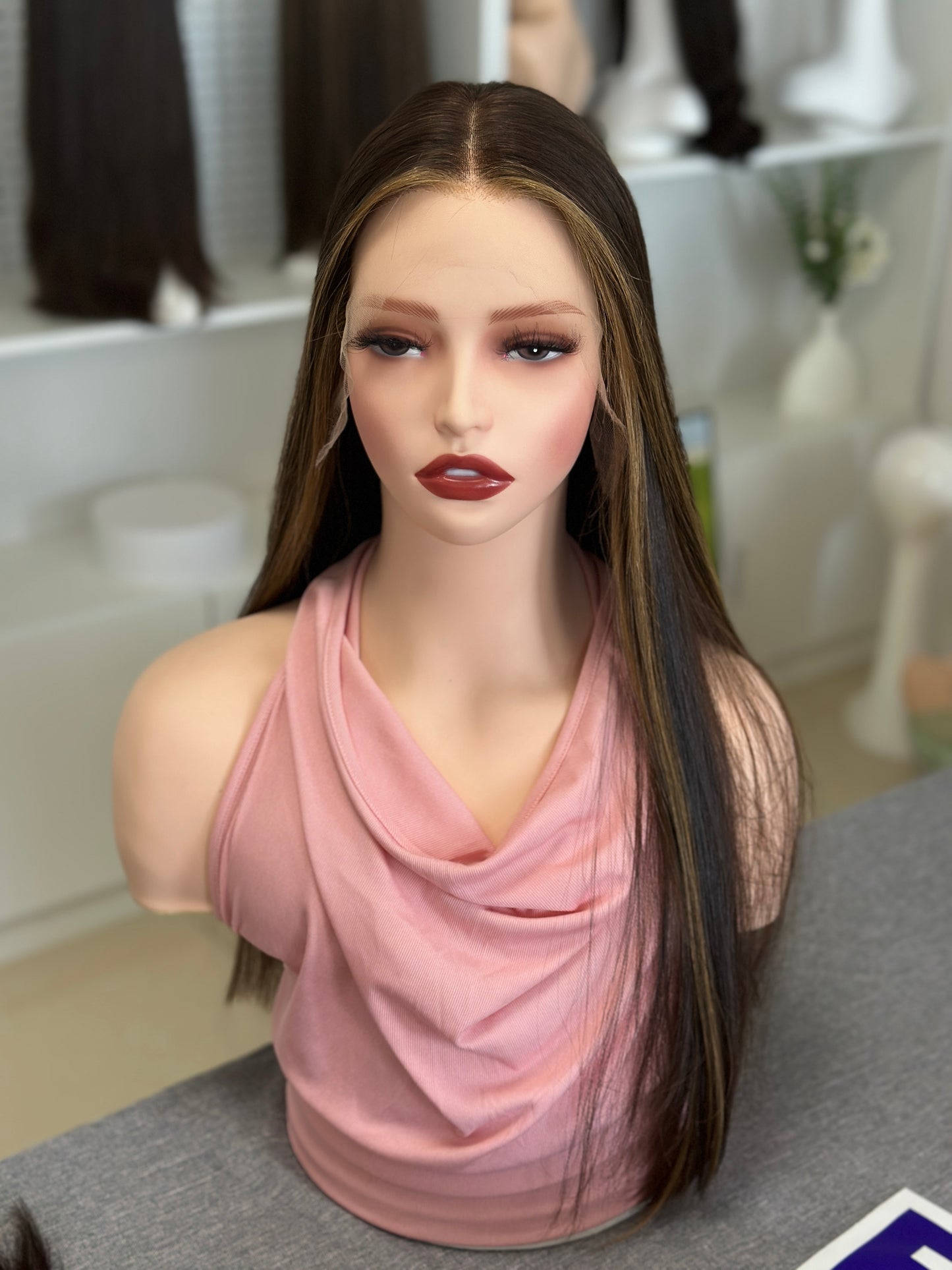 24inch Slight Layer Original Color #6 add Blonde Baby Hair Straight Russian Hair Lace Top Wig Sheitel