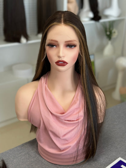 24inch Slight Layer Original Color #6 add Blonde Baby Hair Straight Russian Hair Lace Top Wig Sheitel