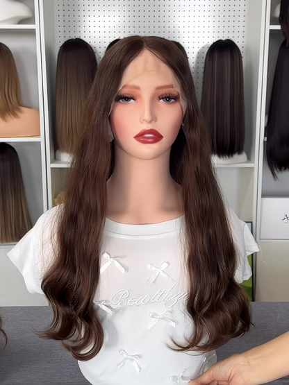 22inch Slight Layer Natural Wavy Original Color #6 Russian Hair Lace Top Wig Sheitel