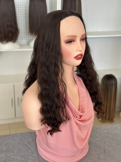 20inch Color #2 Natural Curly Brazilian Hair Bandfall Wig Sheitel