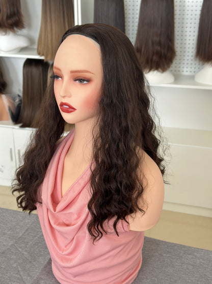 20inch Color #2 Natural Curly Brazilian Hair Bandfall Wig Sheitel