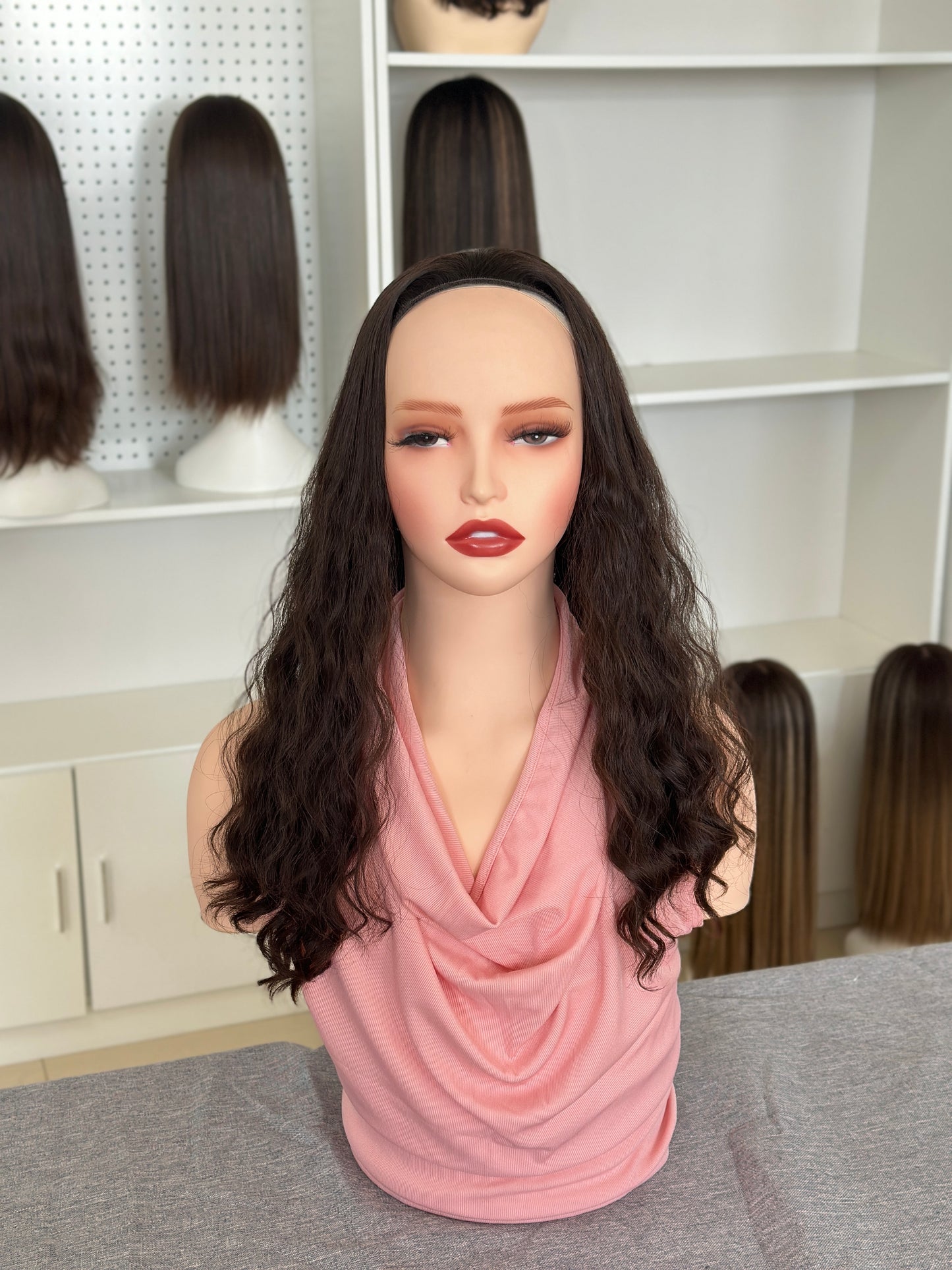 20inch Color #2 Natural Curly Brazilian Hair Bandfall Wig Sheitel