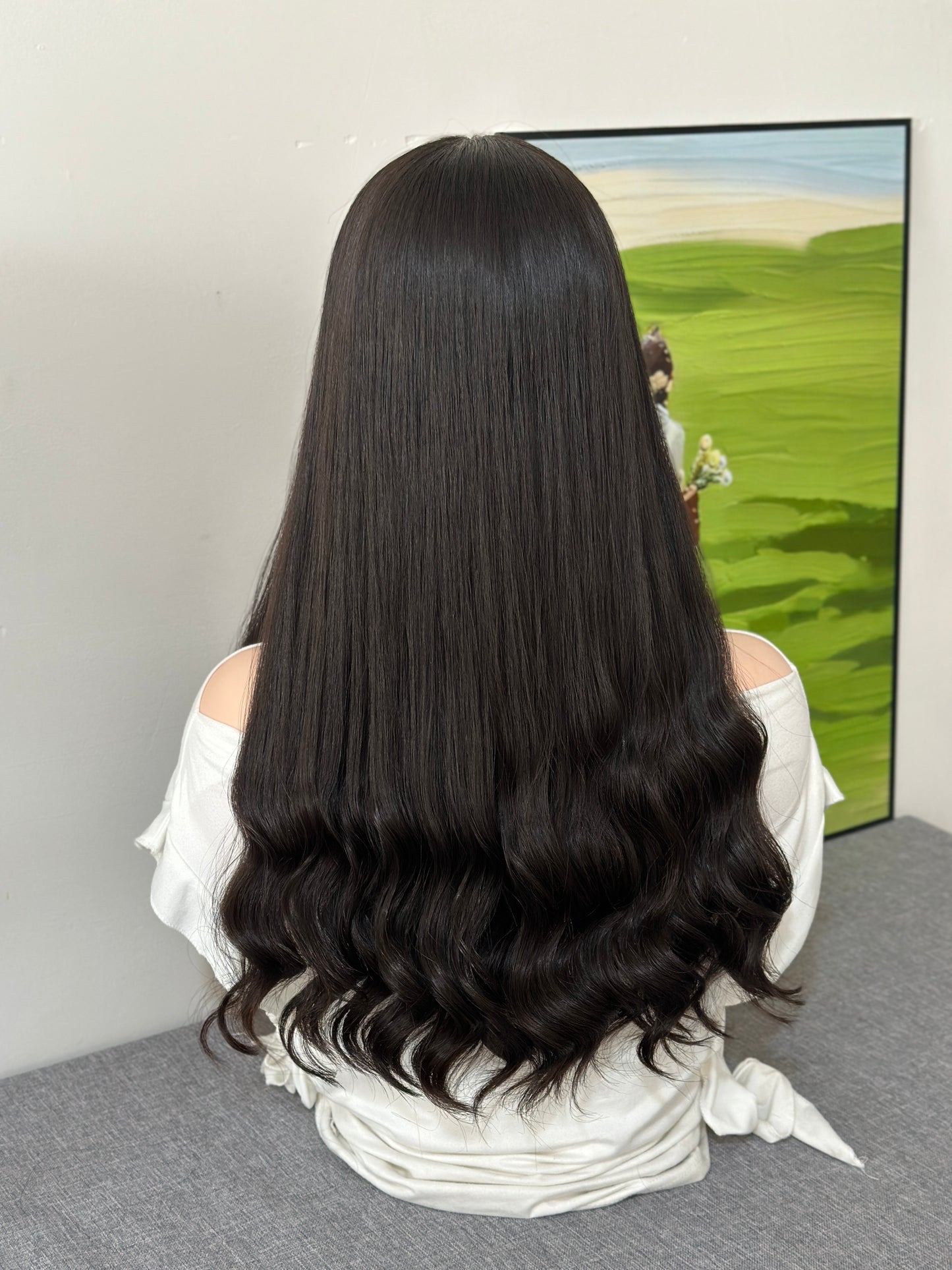 22inch Slight Layer Natural Wavy Color #2 Brazilian Hair Lace Front Bandfall Wig Sheitel