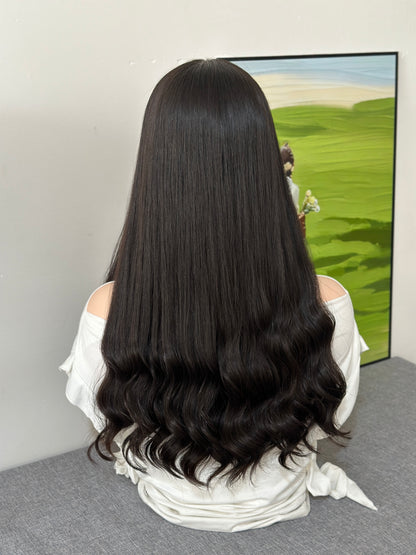 22inch Slight Layer Natural Wavy Color #2 Brazilian Hair Lace Front Bandfall Wig Sheitel