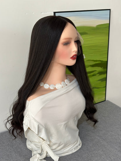 22inch Slight Layer Natural Wavy Color #2 Brazilian Hair Lace Front Bandfall Wig Sheitel