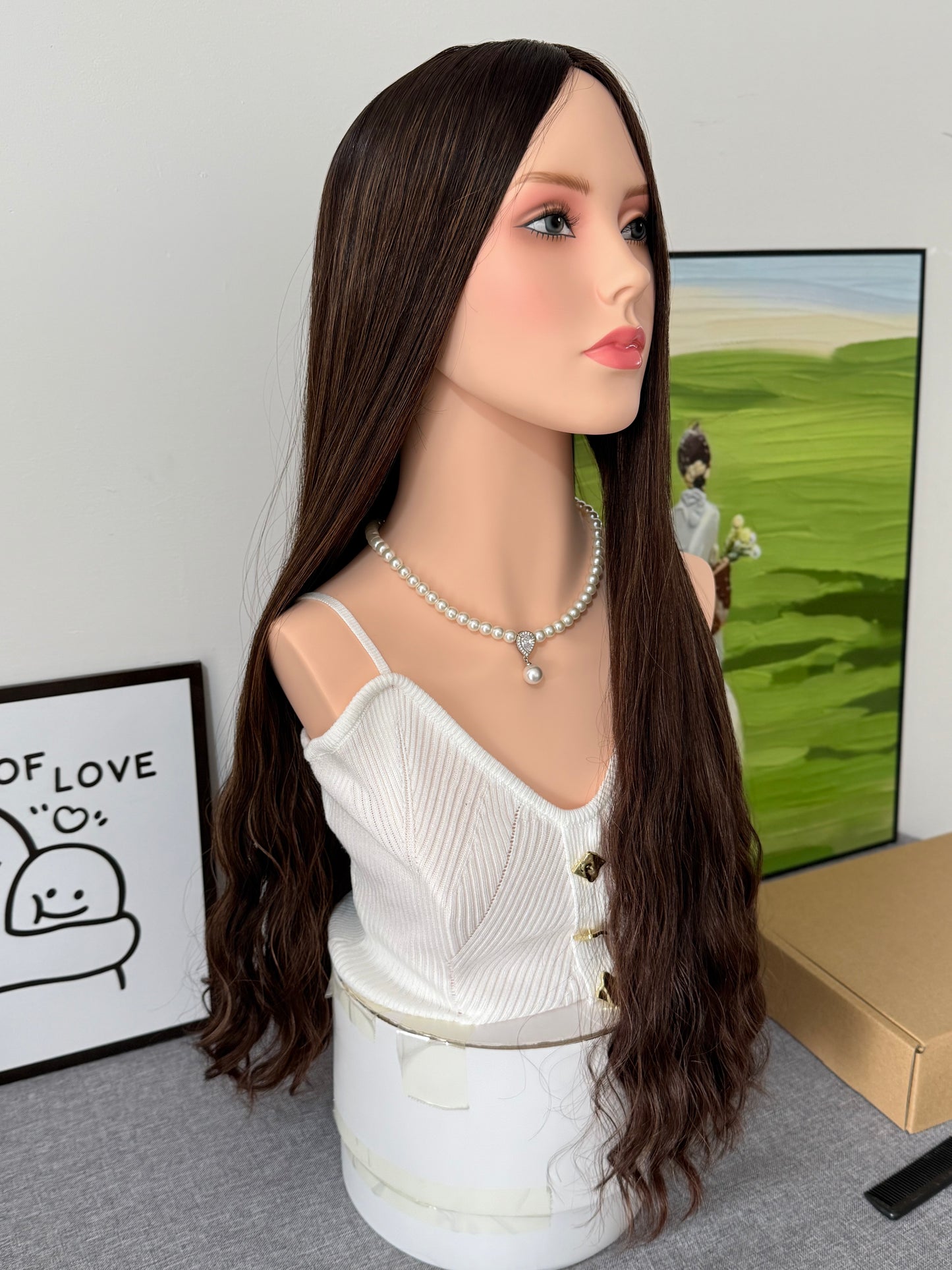 26inch Brazilian Hair Natural Wave No Layer Color #4 with Color #8 Highlight Silk Top Wig Sheitel