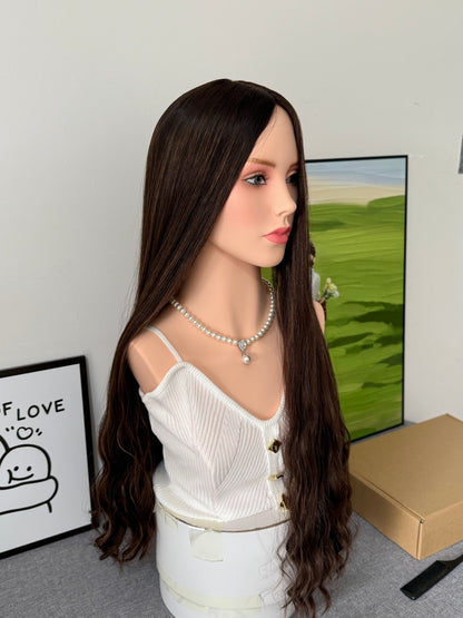 26inch Brazilian Hair Natural Wave No Layer Color #4 with Color #8 Highlight Silk Top Wig Sheitel