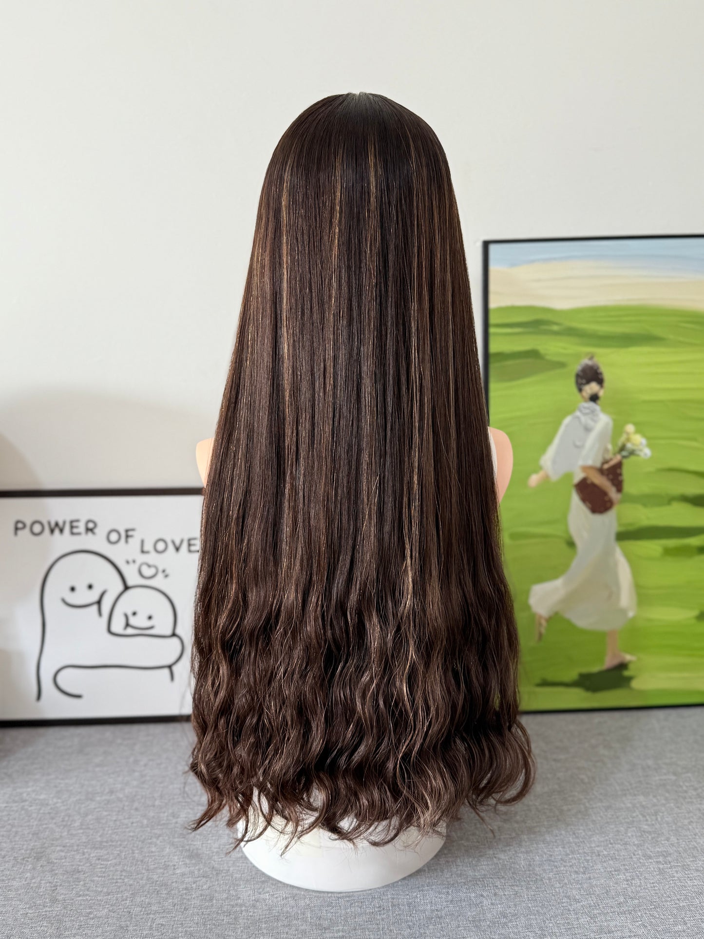26inch Brazilian Hair Natural Wave No Layer Color #4 with Color #8 Highlight Silk Top Wig Sheitel