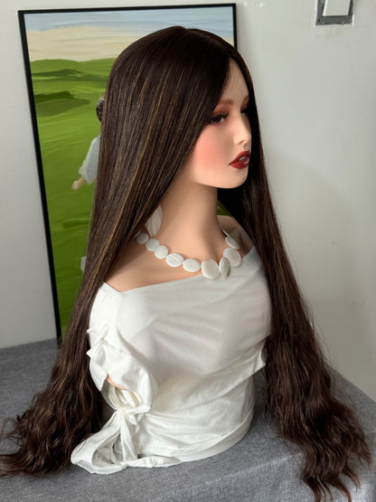 26inch Brazilian Hair Natural Wave No Layer Color #4 with Color #8 Highlight Silk Top Wig Sheitel