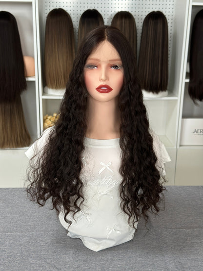 26inch Natural Curly Color #4 Slight Layer Brazilian Hair Lace Top Jewish Wig Sheitel