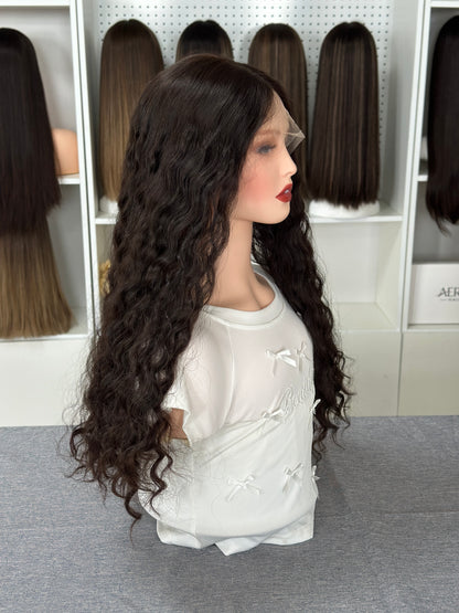 26inch Natural Curly Color #4 Slight Layer Brazilian Hair Lace Top Jewish Wig Sheitel