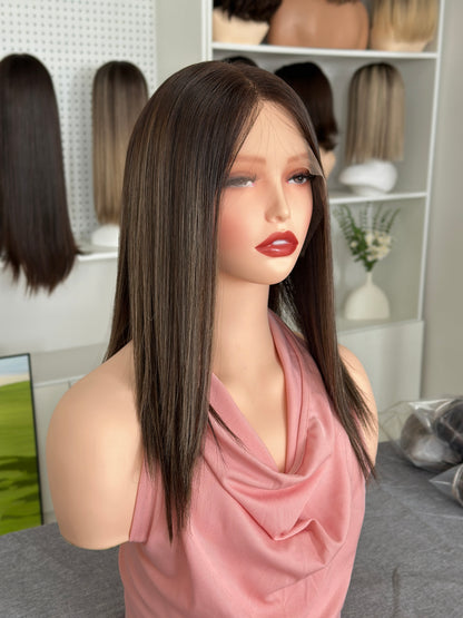 16inch Slight Layer Color #6/12 Straight Brazilian Hair Lace Top Jewish Wig Sheitel