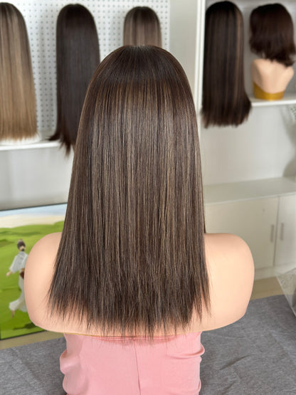 16inch Slight Layer Color #6/12 Straight Brazilian Hair Lace Top Jewish Wig Sheitel