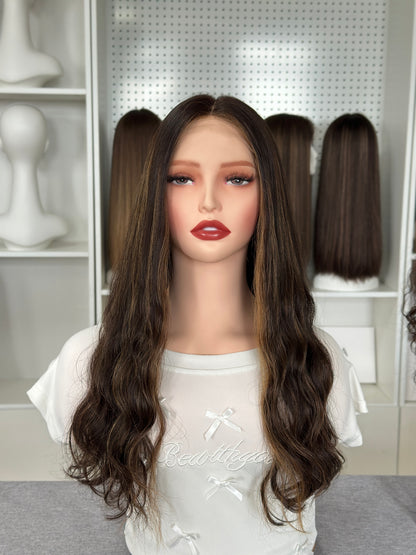 22inch Slight Layer Color #4/10 Natural Wavy Brazilian Hair Lace Top Kosher Wig Sheitel