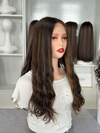 22inch Slight Layer Color #4/10 Natural Wavy Brazilian Hair Lace Top Kosher Wig Sheitel