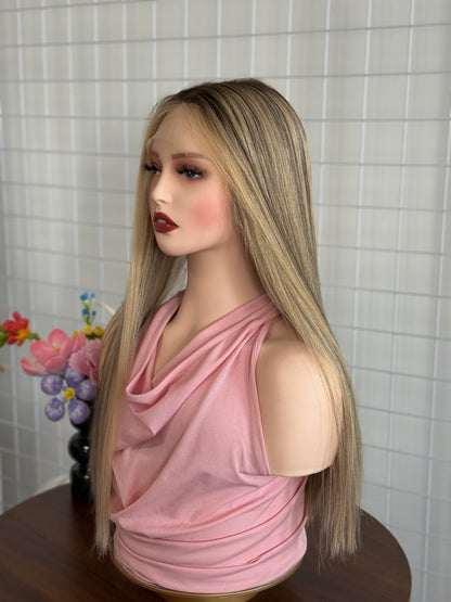 22inch Slight Layer Color #A06 Add Blonde Baby Hair Straight Brazilian Hair Lace Top Jewish Wig Sheitel