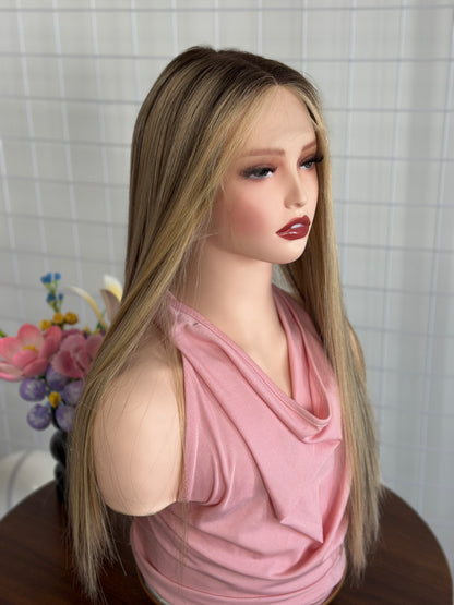 22inch Slight Layer Color #A06 Add Blonde Baby Hair Straight Brazilian Hair Lace Top Jewish Wig Sheitel