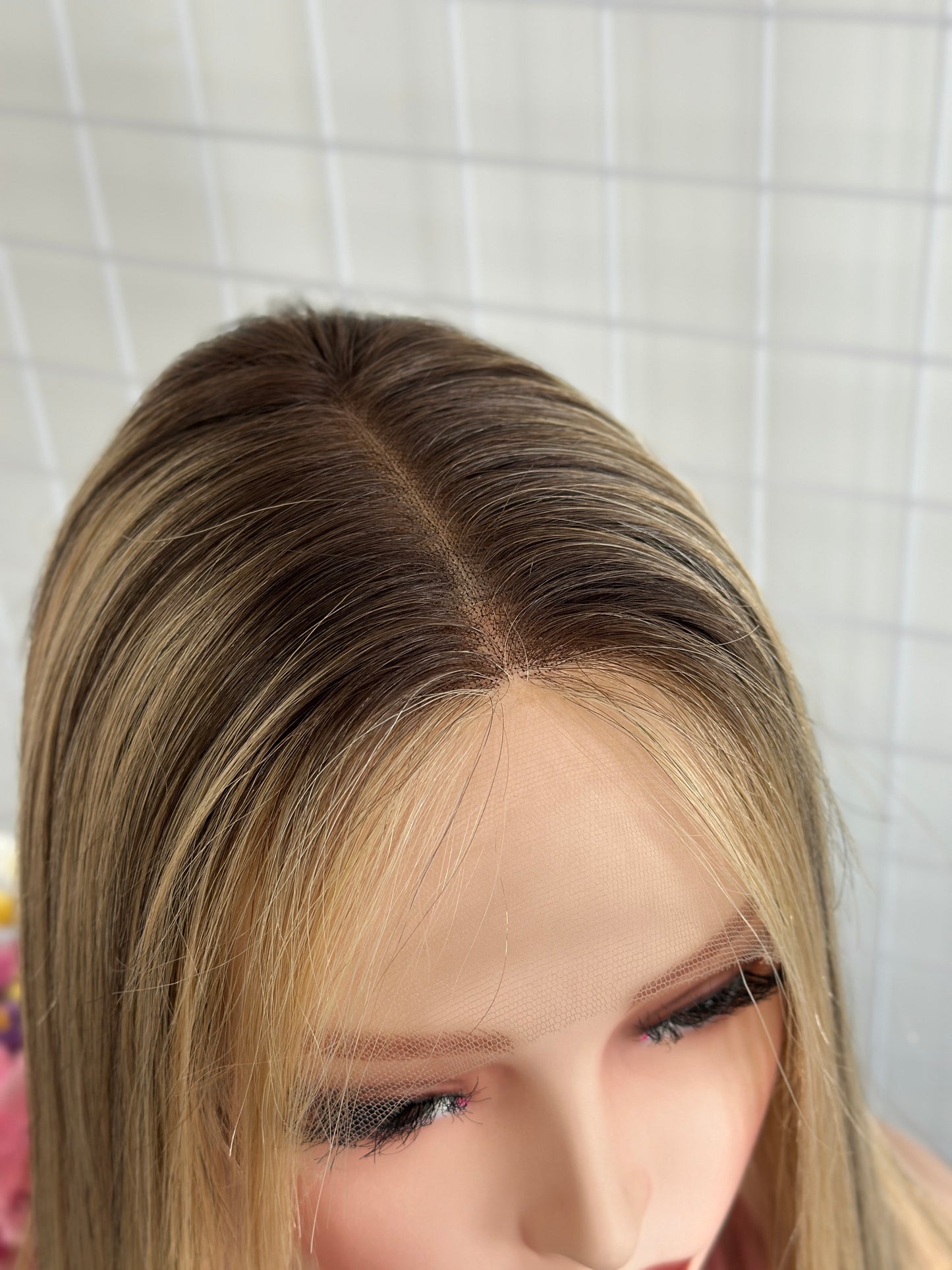 22inch Slight Layer Color #A06 Add Blonde Baby Hair Straight Brazilian Hair Lace Top Jewish Wig Sheitel