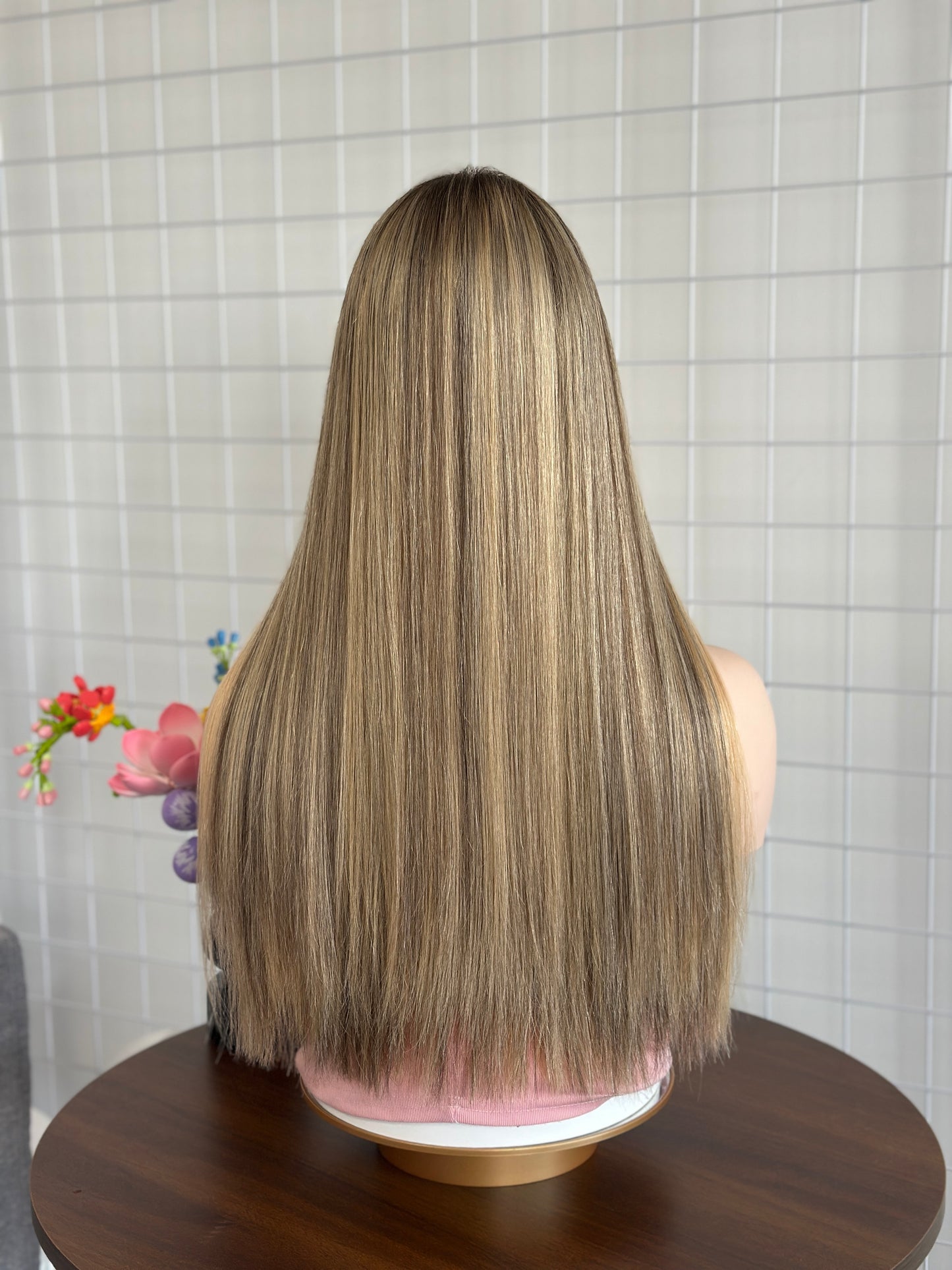 22inch Slight Layer Color #A06 Add Blonde Baby Hair Straight Brazilian Hair Lace Top Jewish Wig Sheitel