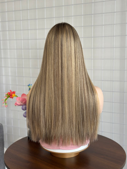 22inch Slight Layer Color #A06 Add Blonde Baby Hair Straight Brazilian Hair Lace Top Jewish Wig Sheitel