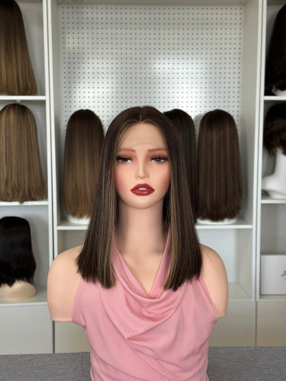 14 inch Bob Straight No Layer Color  #6/14 Brazilian Hair Lace Top Jewish Wig Sheitel