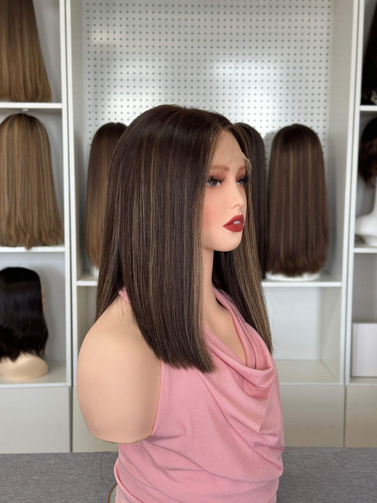 14 inch Bob Straight No Layer Color  #6/14 Brazilian Hair Lace Top Jewish Wig Sheitel