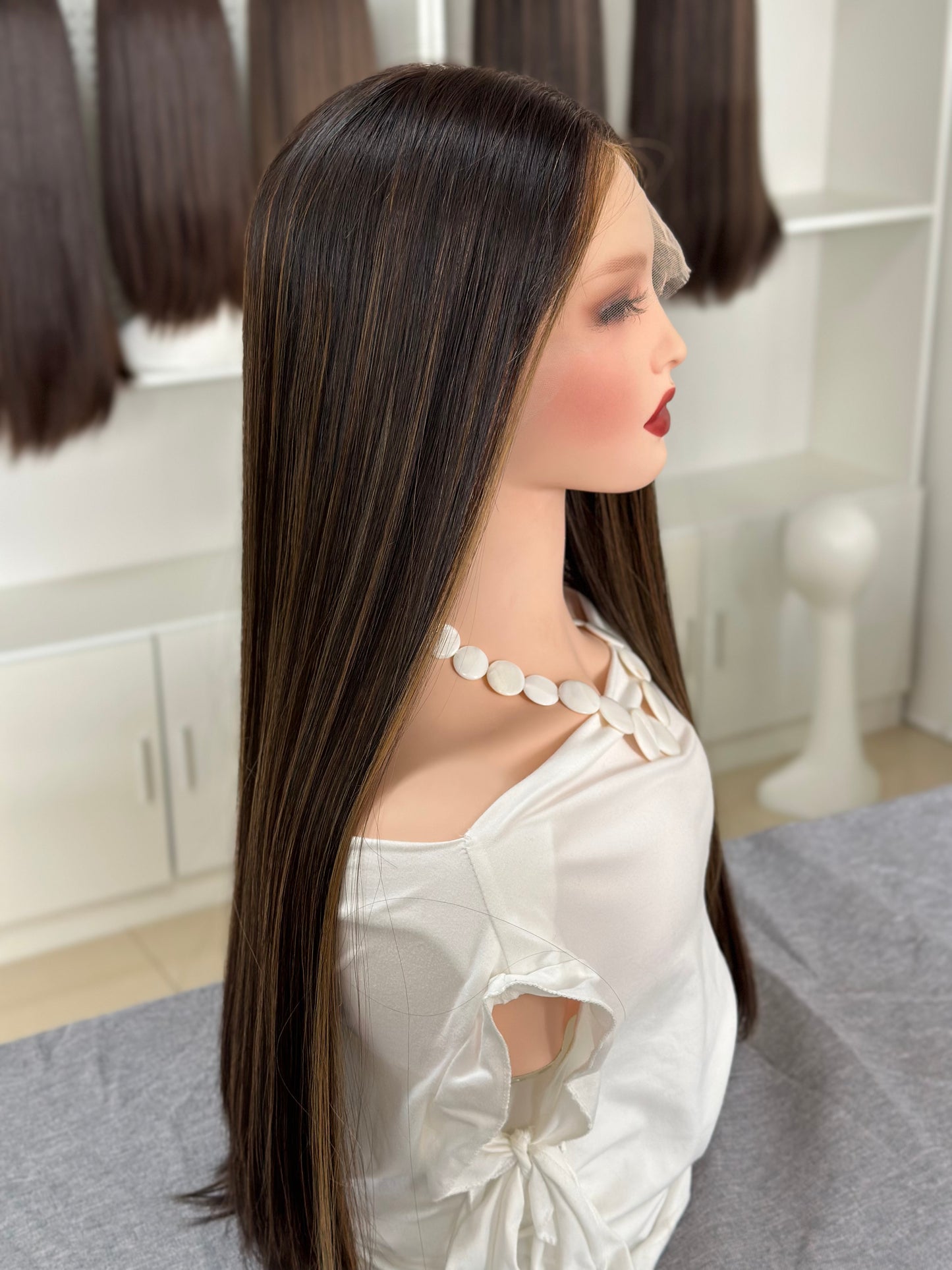26 inch Slight Layer Color #4 add Highlight Straight Brazilian Hair Lace Top Jewish Wig Sheitel