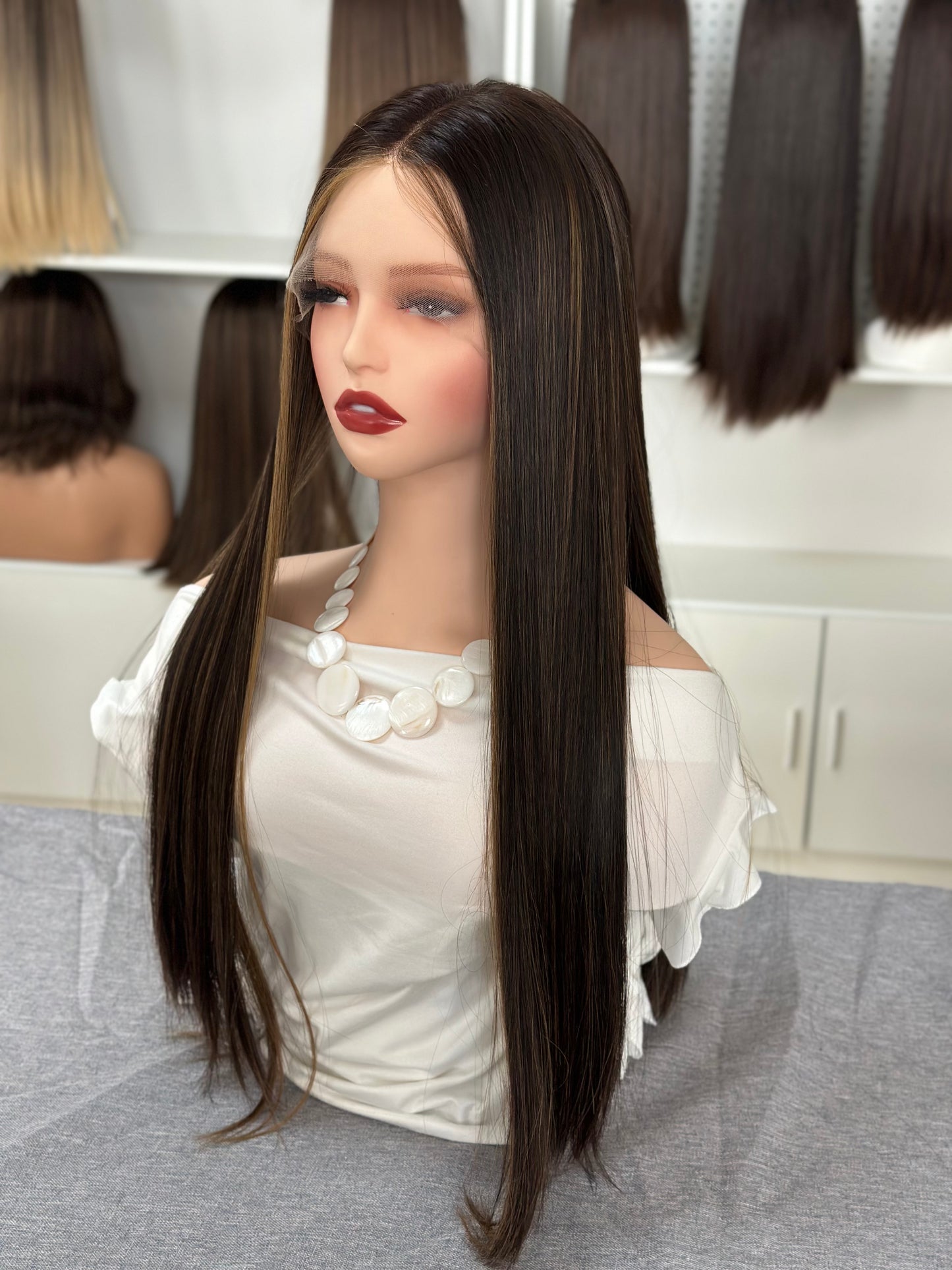 26 inch Slight Layer Color #4 add Highlight Straight Brazilian Hair Lace Top Jewish Wig Sheitel