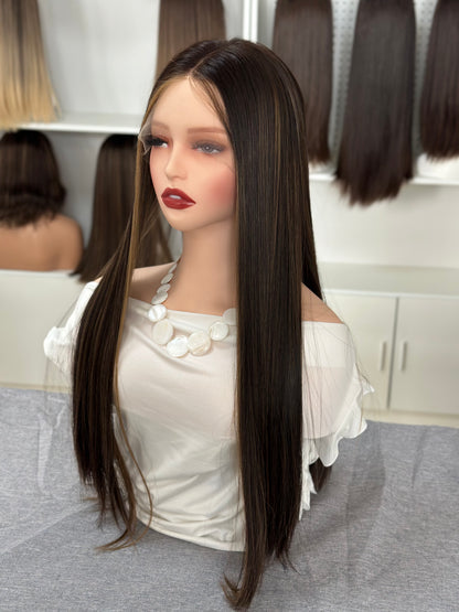 26 inch Slight Layer Color #4 add Highlight Straight Brazilian Hair Lace Top Jewish Wig Sheitel