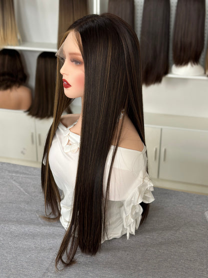 26 inch Slight Layer Color #4 add Highlight Straight Brazilian Hair Lace Top Jewish Wig Sheitel