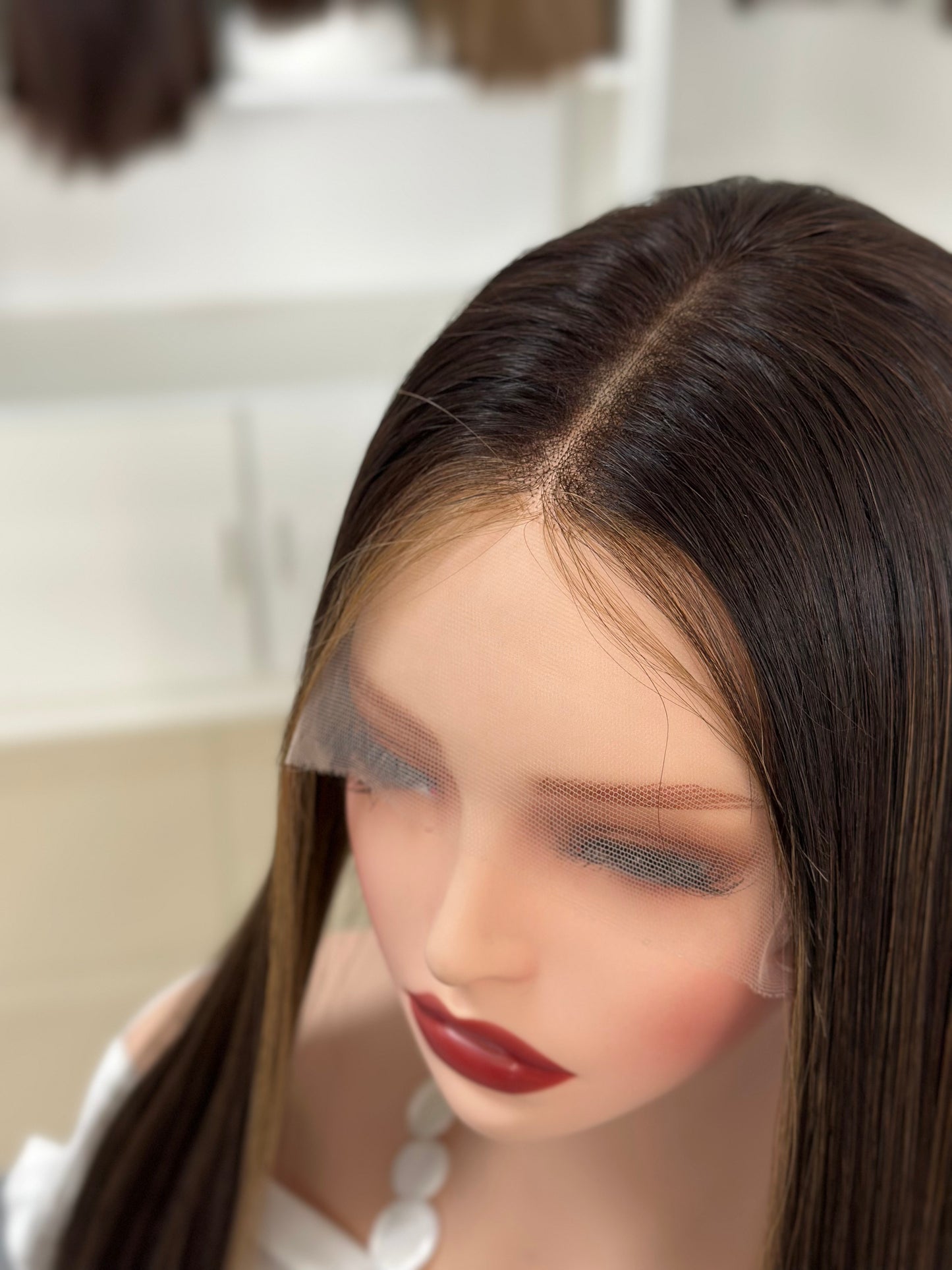 26 inch Slight Layer Color #4 add Highlight Straight Brazilian Hair Lace Top Jewish Wig Sheitel